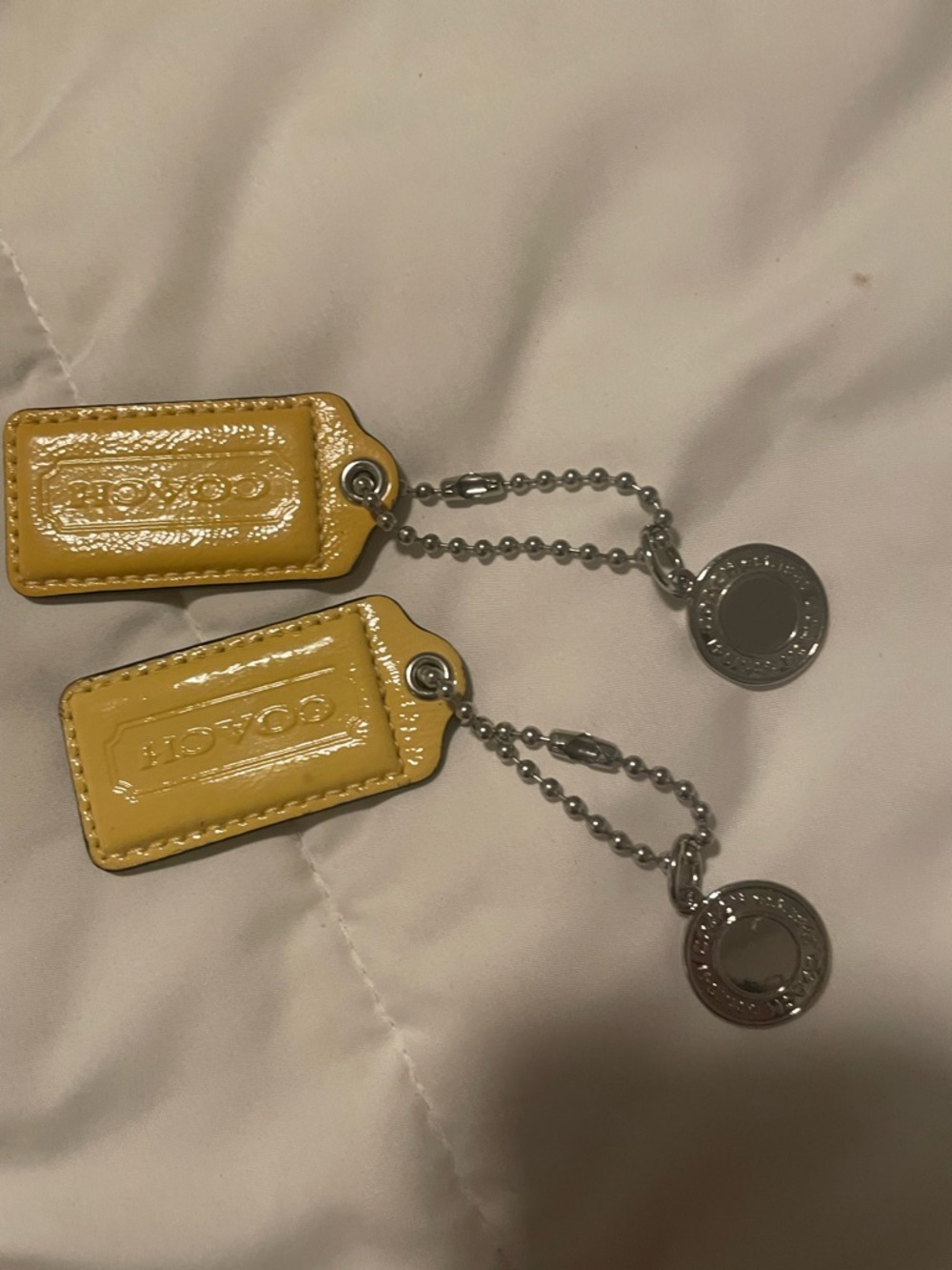 Coach Yellow Patent Leather Key Tag Duo with Silver Charms